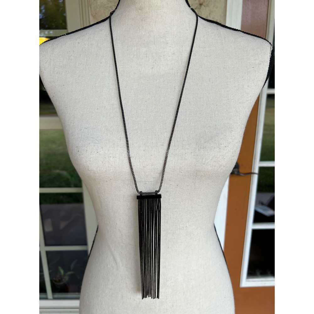 Lydell NYC Gunmetal Tassel Fringe Long Pendant Necklace New With Tags